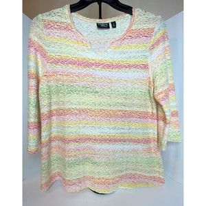 Onque Casual Top Womens , Large Pink Yellow Green Crinkle Stretch Essential